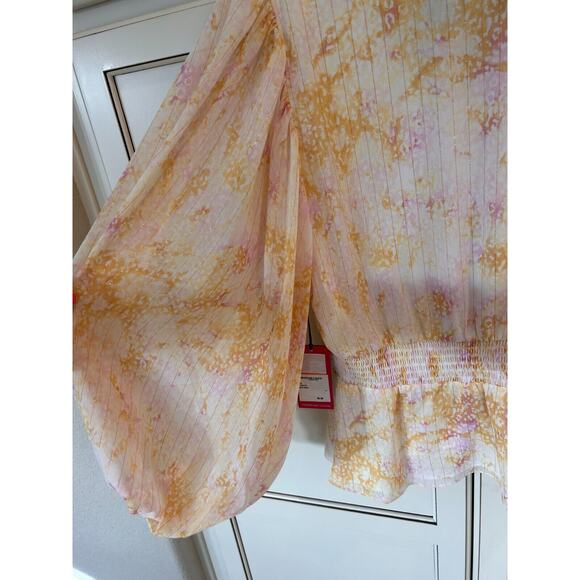 Vince Camuto V-Neck Balloon Sleeves Tie Dye Metallic Lining Top, Yellow S NWT - Picture 7 of 9